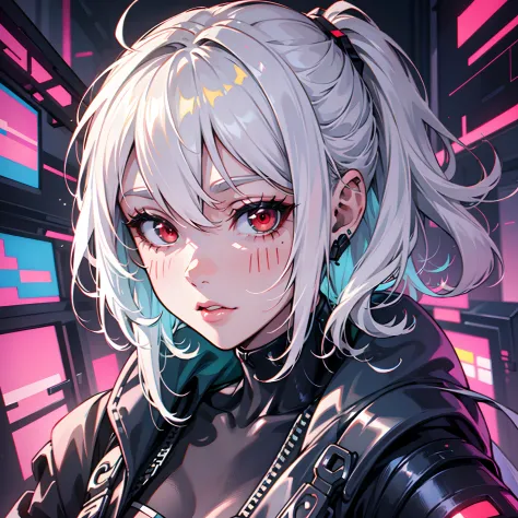 Bright and colorful colors，white-haired girl，Heightened sexuality，cyberpunk character，red-eyes ， Fine lines