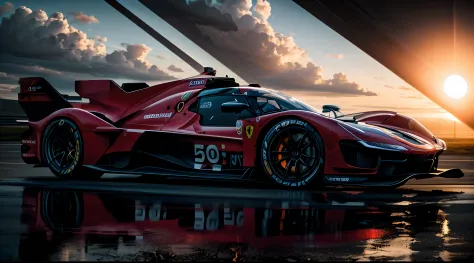 AutoStudio, (masterpiece, best quality, ultra-detailed), low angle, no humans, photo of a parked, "Around Quority(red Ferrari 499P |)le lemans hypercar,vehicle,car WEC,endurance race car,race car,race car with livery Cars race on the village circuit during...