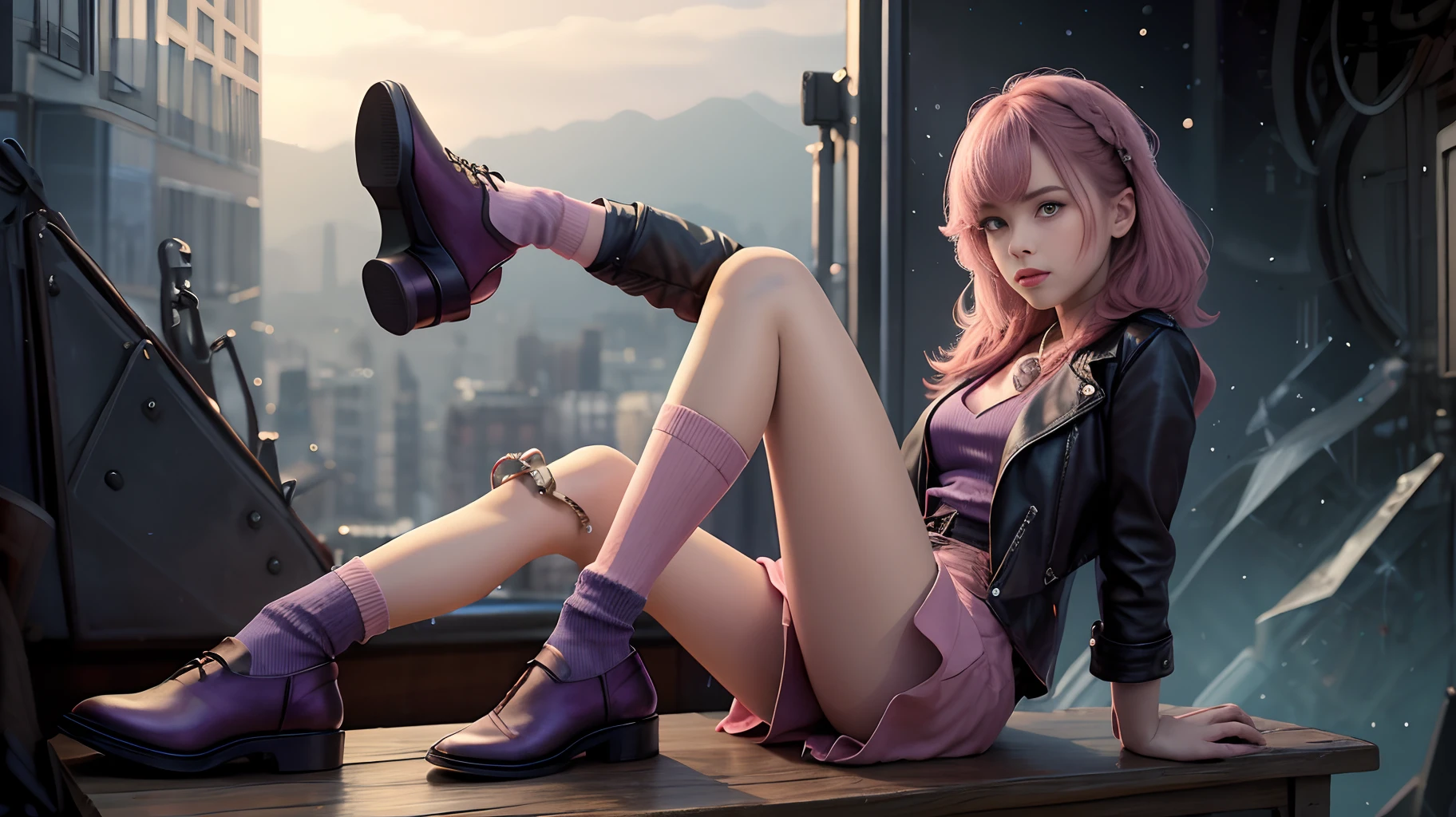 bit girl，adolable，Leg socks，leather shoes，Pinkish-purple，cartoony，leather shoes，pocket