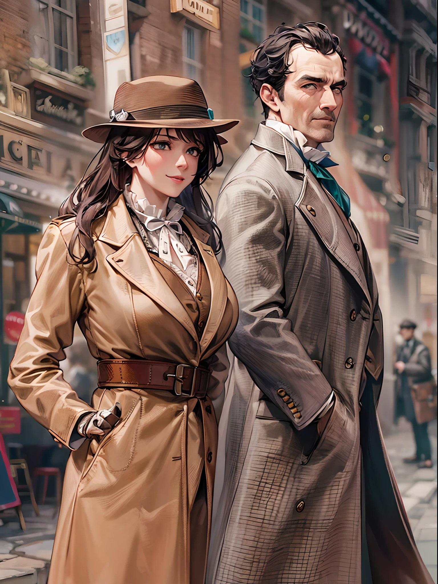 sherlock holmes & watson,
huge huge huge huge huge huge busty 2 girls assemble,
sherlock holmes girl brown glen check frock coat,
side standing watson girl white formal suits,
detective,
gently,
elegance,
wind,
smile,
london,
baker street,
british,
real face,
real body,
real background,
((((masterpiece)))), high quality, very_high_resolution, large_filesize, full color,