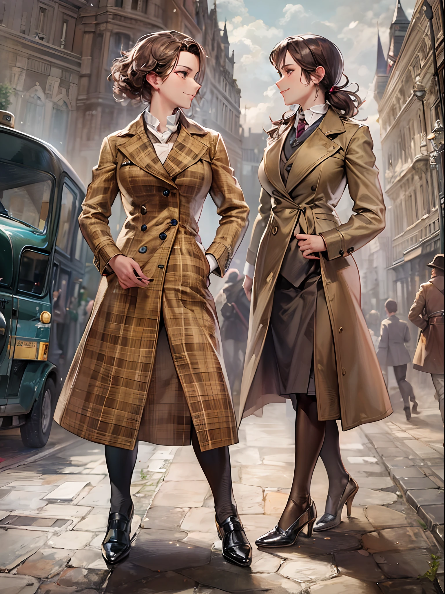 sherlock holmes & watson,
huge huge huge huge huge huge busty 2 girls assemble,
sherlock holmes girl brown glen check frock coat,
side standing watson girl white formal suits,
detective,
gently,
elegance,
wind,
smile,
london,
baker street,
british,
real face,
real body,
real background,
((((masterpiece)))), high quality, very_high_resolution, large_filesize, full color,