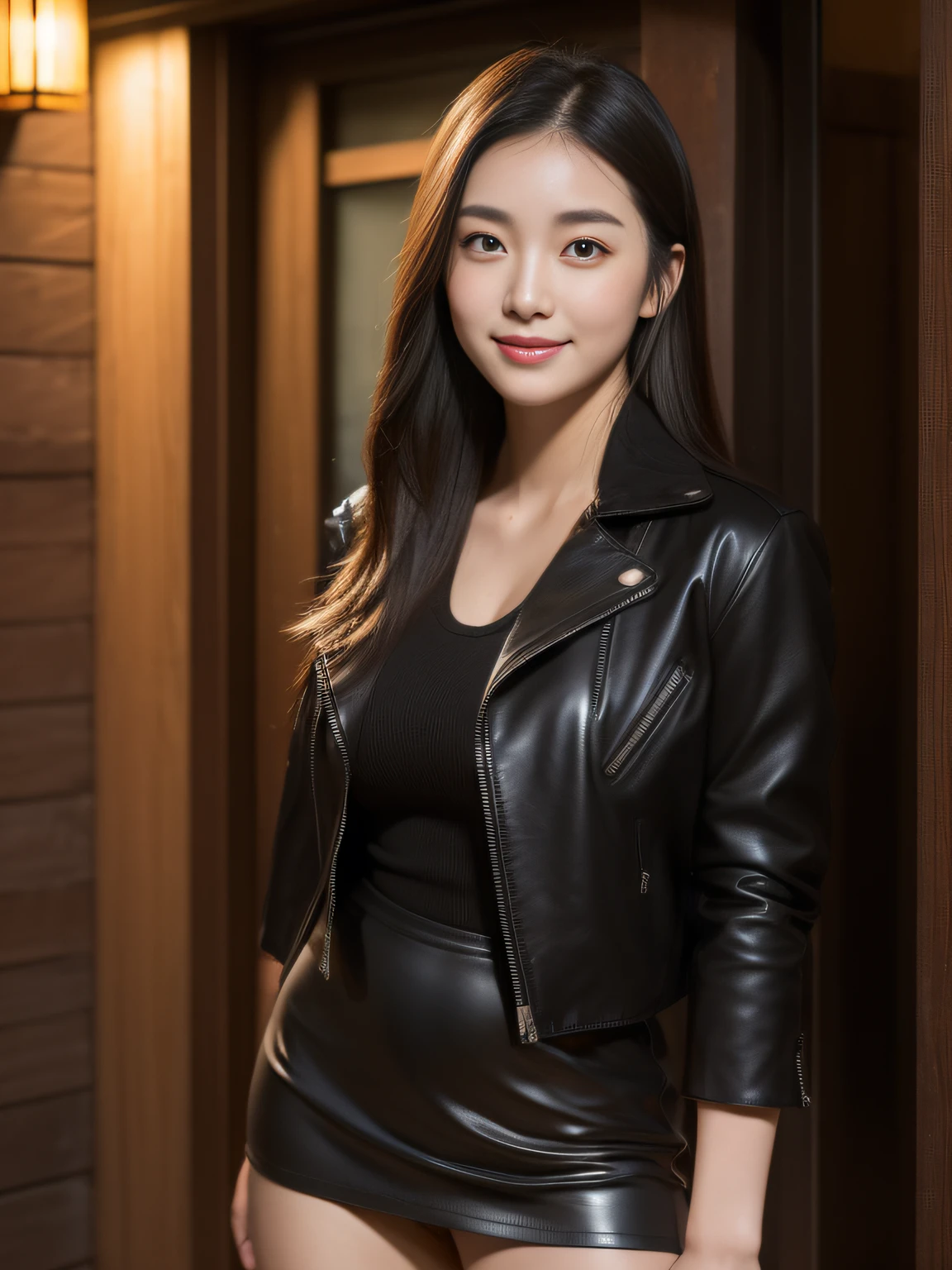 ulzzang -6500-v1.1, (Raw photo:1.2), (Photorealsitic), huge filesize, hight resolution, ighly detailed, top-quality, (​masterpiece:1.6),(Hyper-realistic: 1.4), ighly detailed, nffsw, finely detail, top-quality, 8k wallpaper,People with Japan,((Girl with clear white skin)),、cowboy  shot、((Muscular woman like a bodybuilder:1.2) ) ,(Hourglass-shaped body)、((Huge ass)),((thick and strong legs、Sculpted muscular legs:1.2))、((Thick arms with sculpted muscles:1.3))、wide breasts, ((Disproportionately huge breasts:1.4))、((Lori face:1.2))、Narrow eyes, cute  face, Narrow eyes,((closes mouth、A smile))、((Straight hair、One-length))、((Black leather jacket、Black tight skirt))、((Stand in front of the entrance of a Japanese-style izakaya in a narrow alley illuminated by neon lights at night))、 (Realistic: 1.3), (Smooth lighting: 1.05), (Improved cinematic lighting: 0.9), Realistic lighting, Backlight, Face Light, raytrace, (Whitening light: 1.2), (Image enhancement: 1.4), ( Top quality real skins: 1.4),  (Body Line Mood Increase:1.1),  (Skin Texture Enhancement Beauty:1.1),