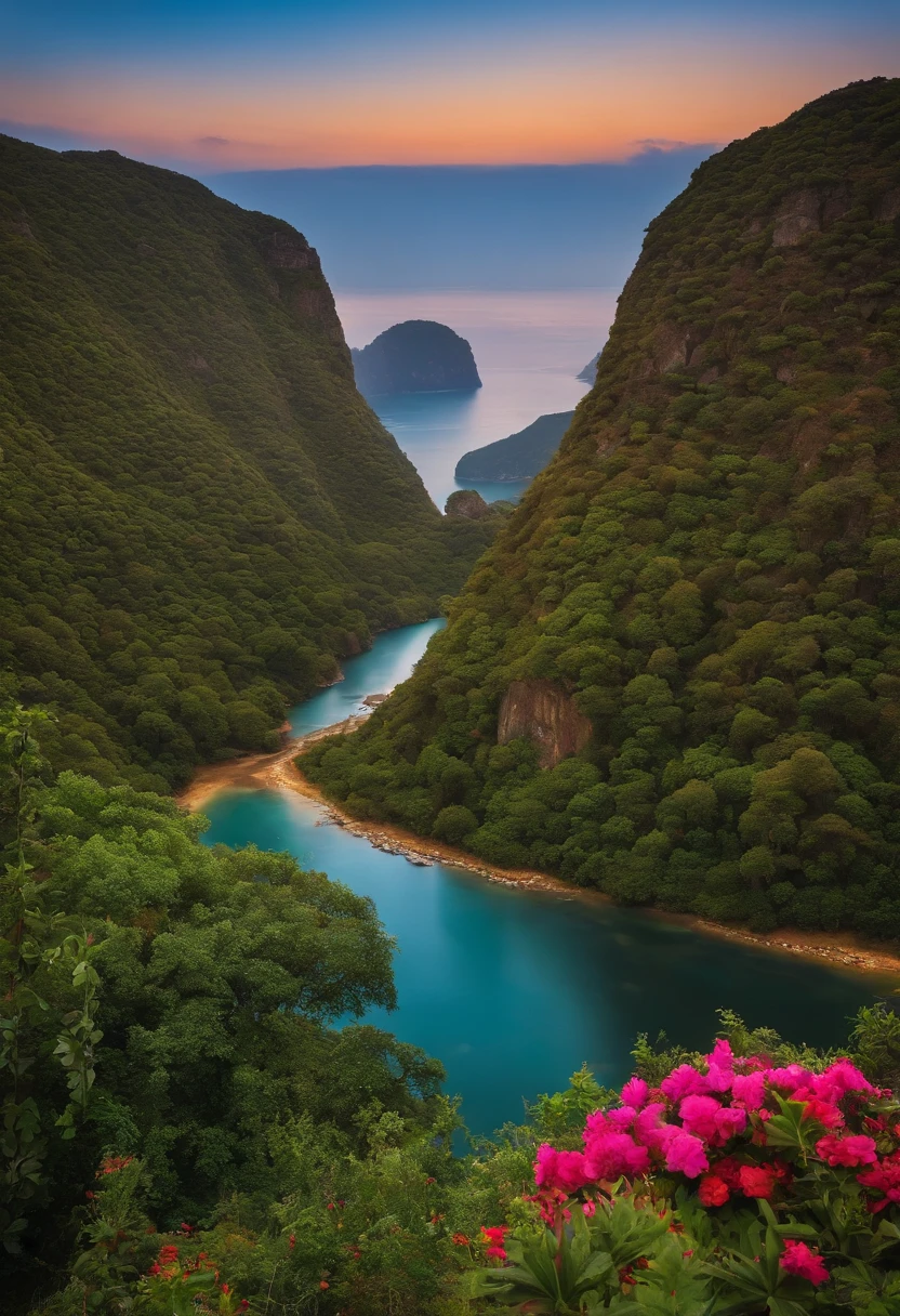 A view of a river running through a lush green valley - SeaArt AI