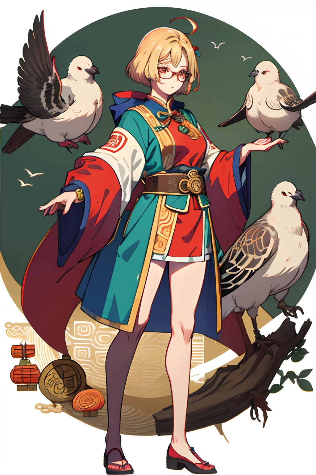 Whole body diagram，Standing painting，Miss Qianjin，jewelry，satchel，blond hairbl，wears glasses，Slightly fat，Bigchest，It wears ancient coin ornaments，Surrounded by pigeons，beast ear，short  skirt，Traditional Chinese patterns，Red is predominant