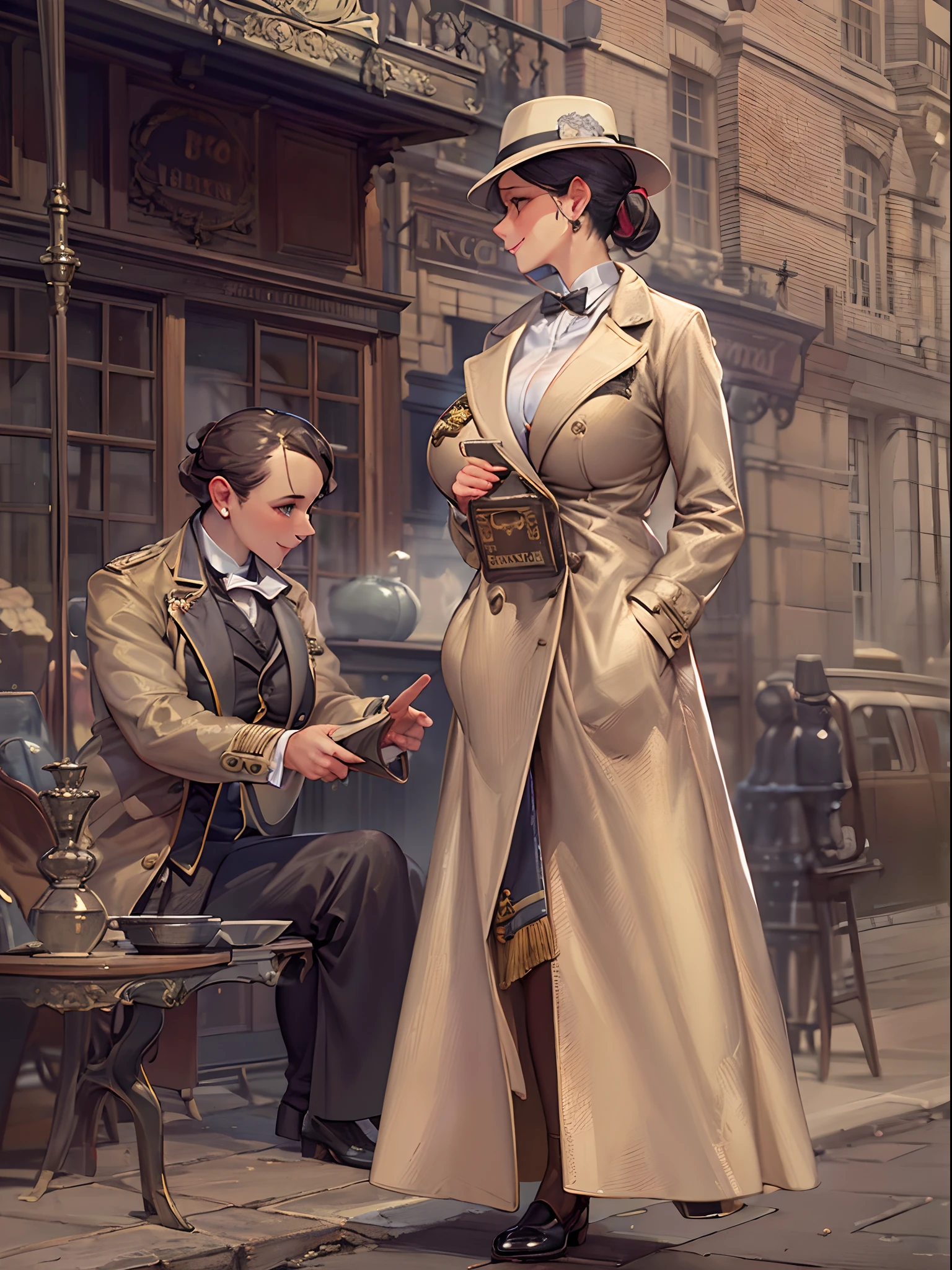 sherlock holmes lady & watson girl,
(huge busty:1.5),
sherlock holmes lady brown glen check frock coat,
side standing watson girl white formal suits,
detective,
gently,
elegance,
wind,
smile,
london,
baker street,
british,
real face,
real body,
real background,
((((masterpiece)))), high quality, very_high_resolution, large_filesize, full color,