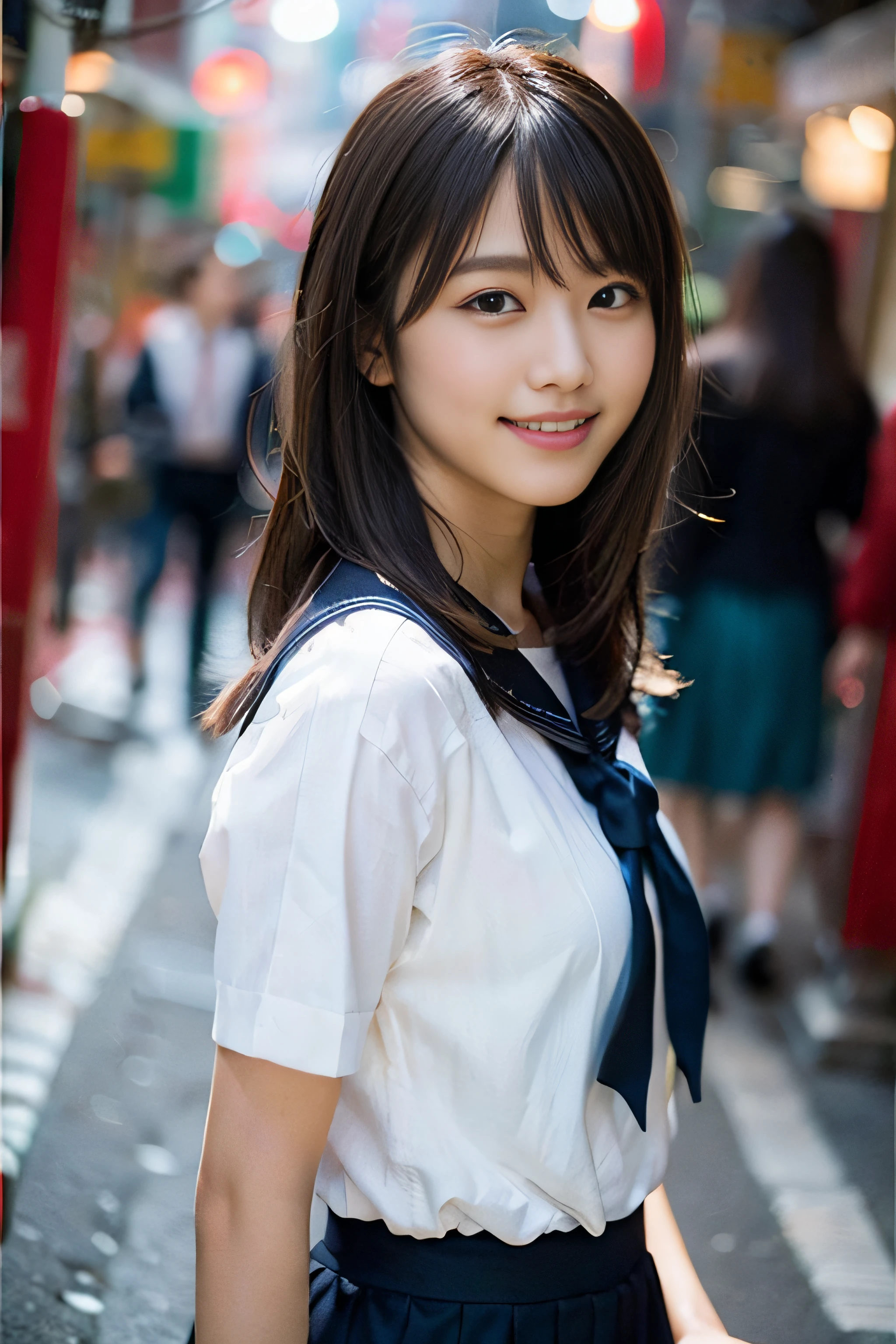 (8K、Raw photography、top-quality、​masterpiece:1.2)、(realisitic、Photorealsitic:1.37)、ultra-detailliert、超A high resolution、女の子1人、see the beholder、beautifull detailed face、A smile、Constriction、(Slim waist) :1.3)、Beautiful detailed skin、Skin Texture、Floating hair、Professional Lighting、Whole human body、Longhaire、a blond、japanese hight 、a sailor suit、In the street、natta、Neon Street、Urban in Asia、Bob Hair、Happy smile