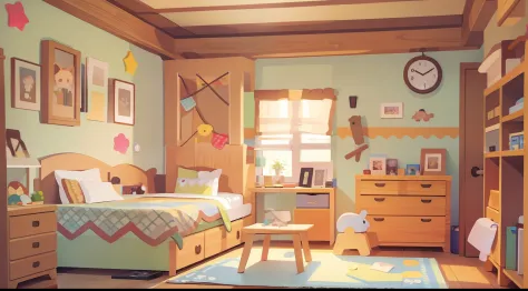Model Room、No person、Stable composition、eye view、childs room、Small desk、Small cabinet、plushies、Natural Color