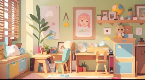 Model Room、No person、Stable composition、eye view、childs room、Small desk、Small cabinet、plushies、Natural Color
