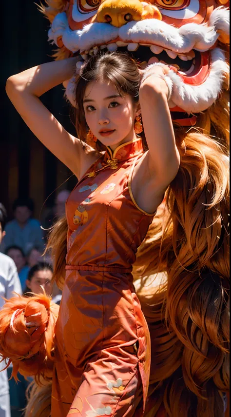 a boy with，lion dance，dance，cheering crowd，red lanterns，chinese year，chinese clothes， china-style，red colour，