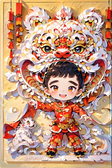 (illustration:1.3，paper art:1.3, Quilted paper art:1.2)，Delicate, Detailed, Playful, A Boy Holds Lion Head with Both Hands, Dancing, Excited, Red Lantern, Chinese Year, Covered Face, Perfect Body Proportions, Solo, Indoor, Chinese Clothes, Chinese Style, R...