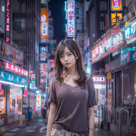 女の子1人、on tokyo street、A city scape、night cityscape、Neon Street、The upper part of the body、a closeup、A smile、、(8K、Raw photography...