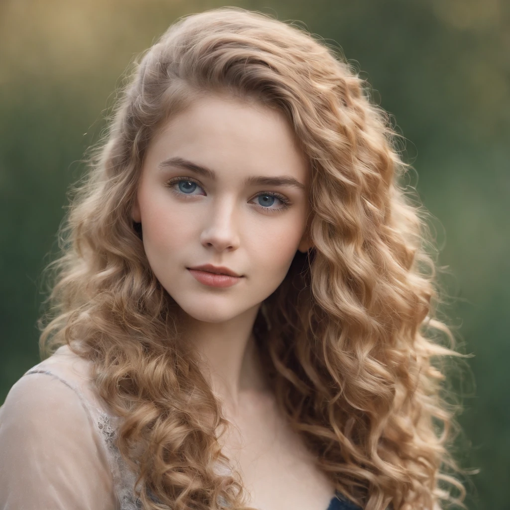 "Full body portrait of a charming 18 year old women with curly hay coloured hair, a late 80s hair style look,  figure, beautiful face, captivating dark blue eyes, and modest bust size, showcasing her natural beauty."