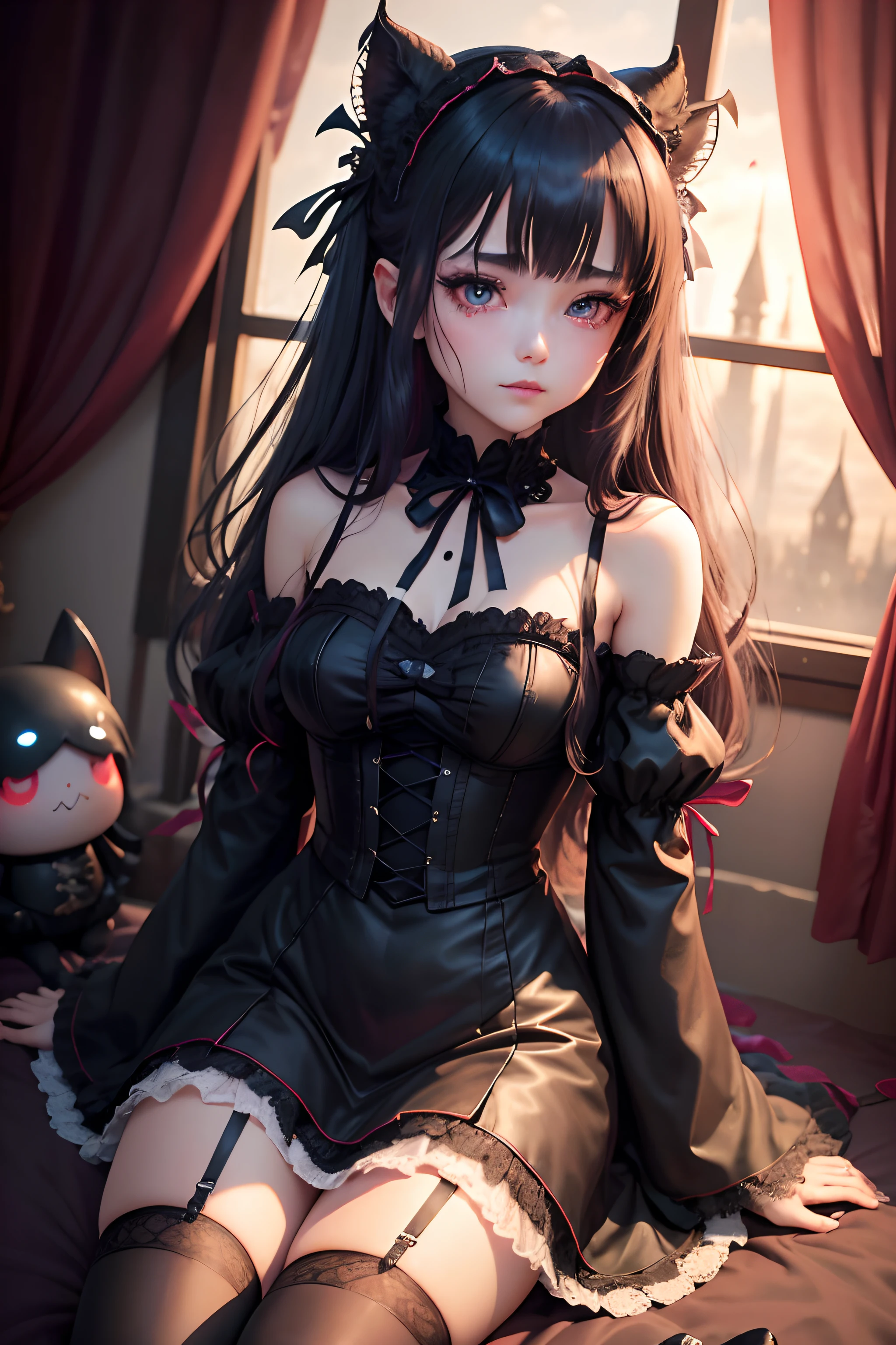 Anime girl in black dress sitting on bed with cat ears - SeaArt AI