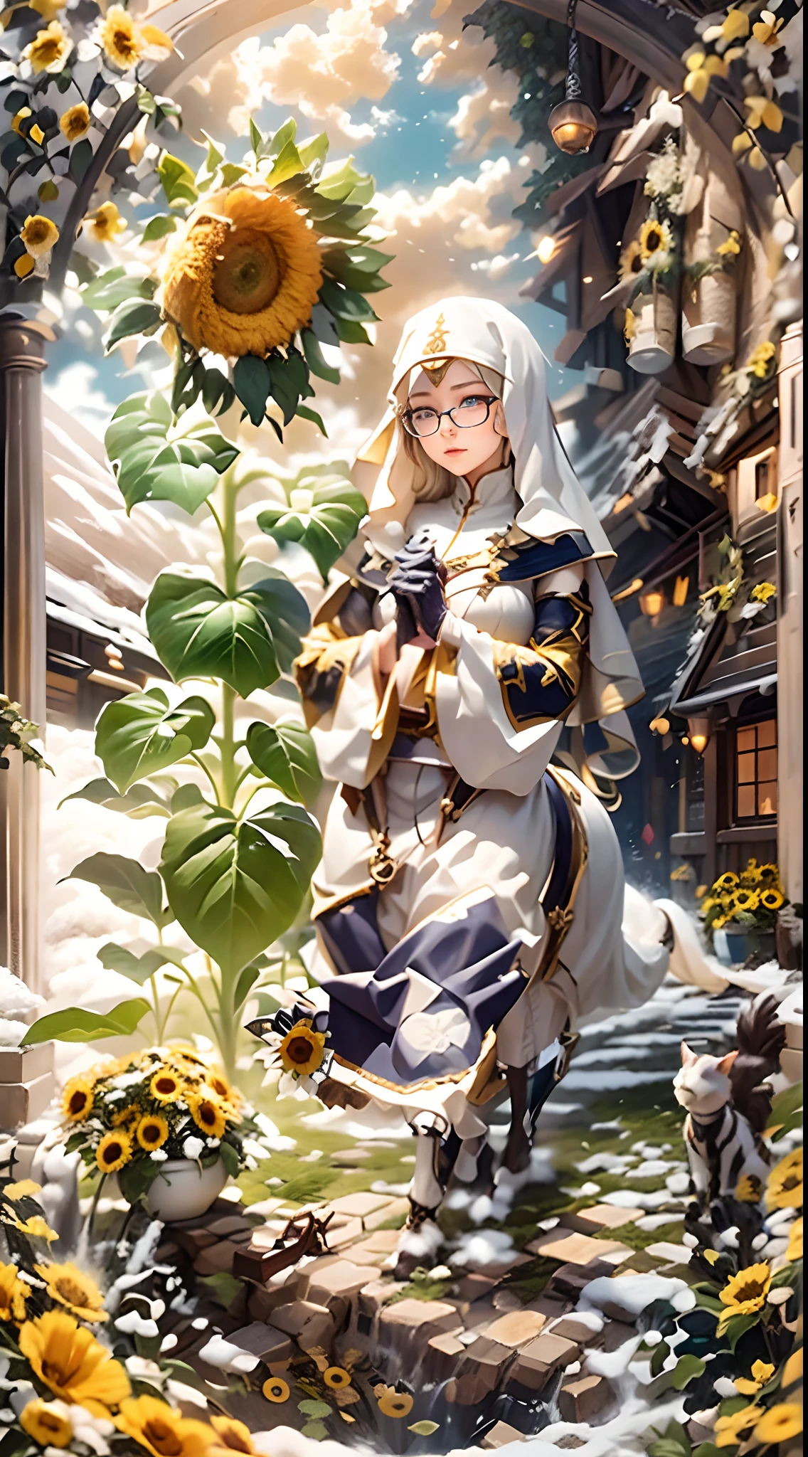 Anime girl with sunflowers and a cat in a garden - SeaArt AI