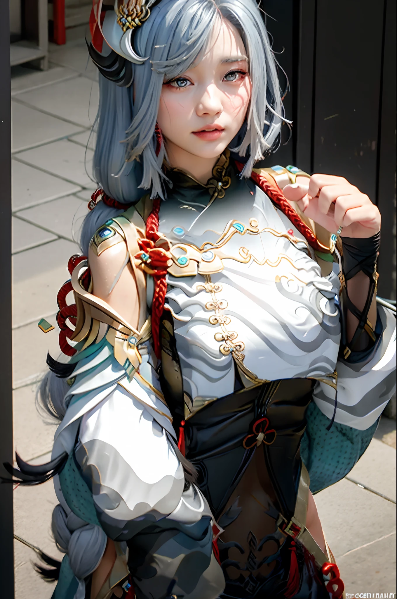 masutepiece, Best Quality,  1girl in,1 persons、shenhe \(GenshinImpact\), Grey Hair,Long hair,Hair Ornament, Blue eyes,braided ponytails,Puffy sleeves,gold trim,gloves,body suit,Large breasts,Colossal 、Breast curtain, shoulder cut out,Covered navel,hip vent,Clothes Cutout, tassels,greybackground,