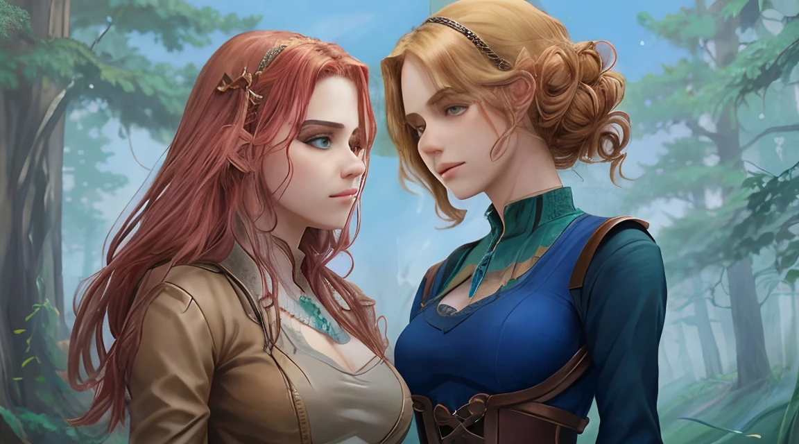 Two women in the woods, highly detailed exquisite fanart, official illustration, cutscene, high detail official illustrations, video game cutscene, Nixeu and Sakimichan, medium shot of two characters, character concept art, official artwork, official arts, in the art style of bowater