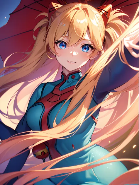 ((souryuu asuka langley,headgear,sky blue sundress,Blonde,side twintails)),(Glowing eyes:1.233), diffuse reflection, high-profil...