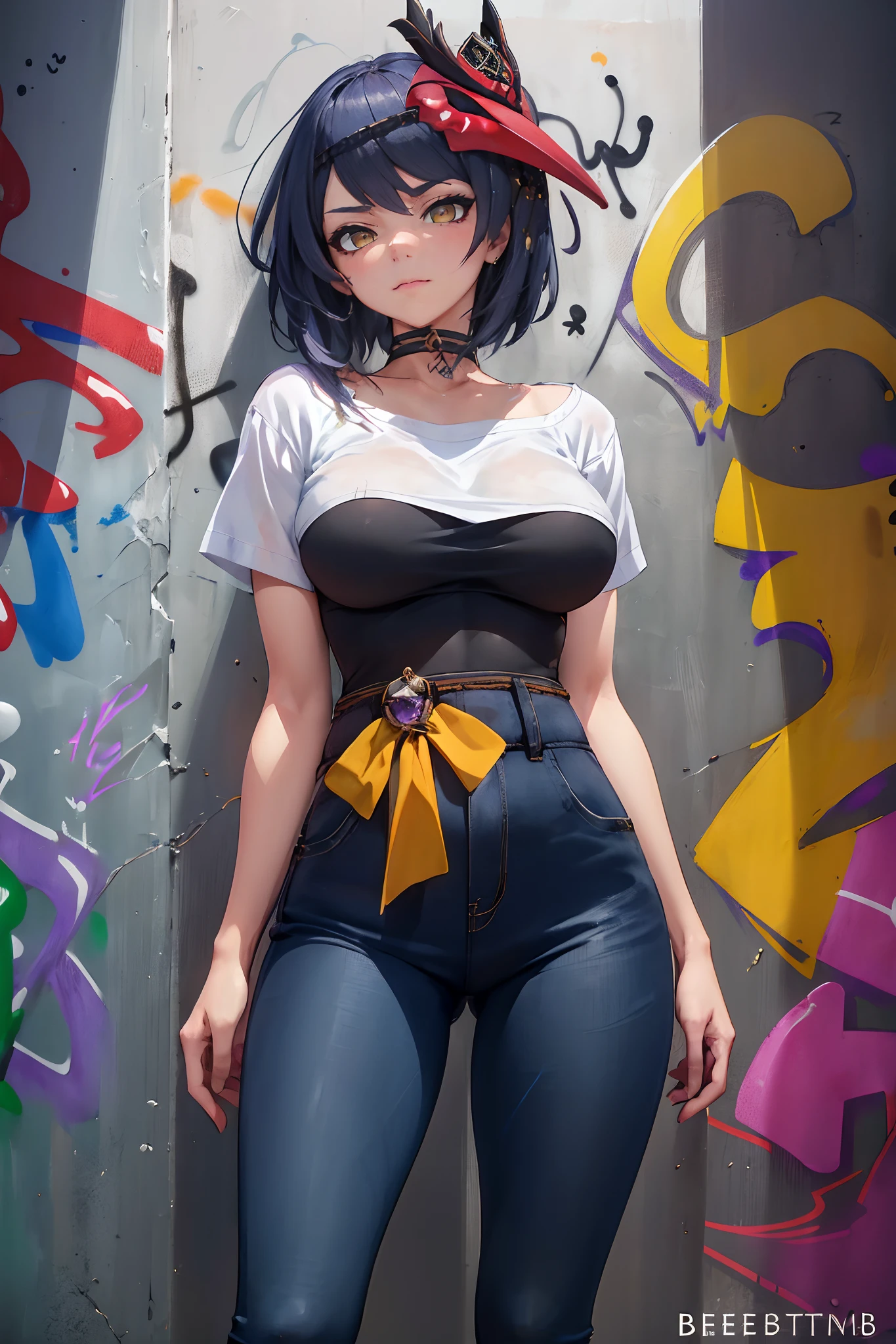 Kujou Sara Genshin Effect, masterpiece, bestquality, 1girls, oversized breasts, bara, dress shirt, Long Jeans, choker, (Graffiti:1.5), Splash with purple lightning pattern., arm behind back, against wall, View viewers from the front., Thigh strap, Head tilt, bored, water eyes,