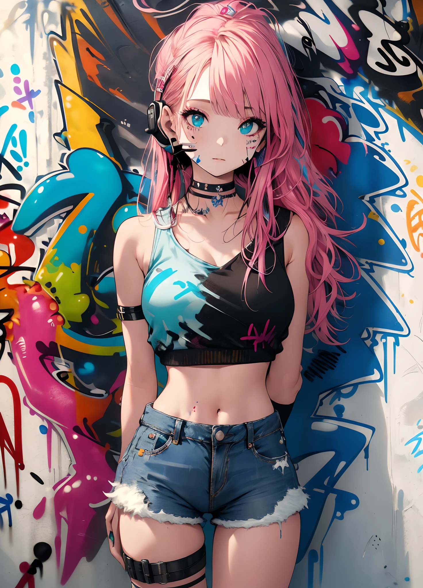 masterpiece, best quality, 1girl, solo, crop top, denim shorts, choker, (graffiti:1.5), paint splatter, arms behind back, against wall, looking at viewer, armband, thigh strap, paint on body, head tilt, bored, multicolored hair, aqua eyes, headset,