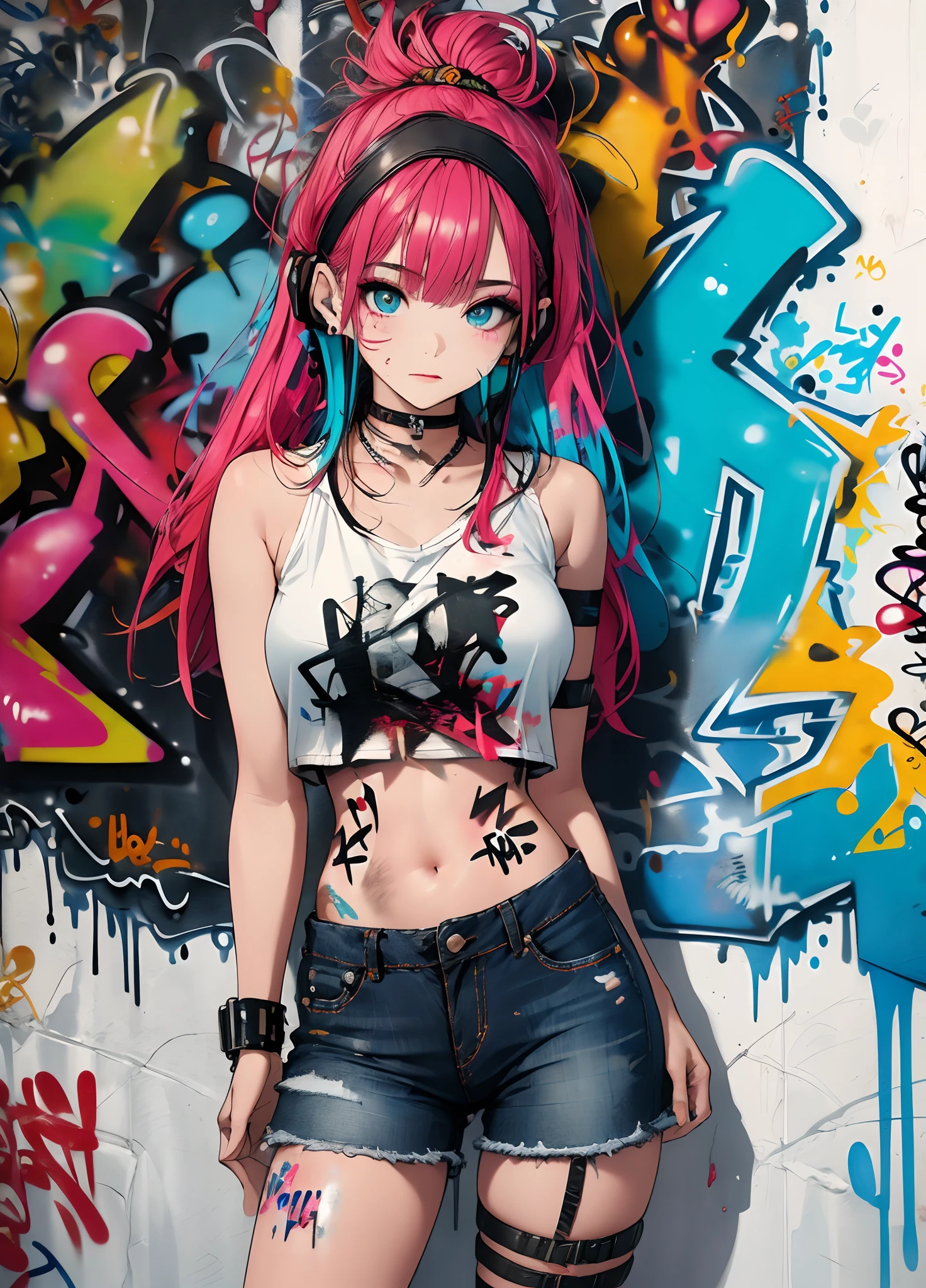 masterpiece, best quality, 1girl, solo, crop top, denim shorts, choker, (graffiti:1.5), paint splatter, arms behind back, against wall, looking at viewer, armband, thigh strap, paint on body, head tilt, bored, multicolored hair, aqua eyes, headset,