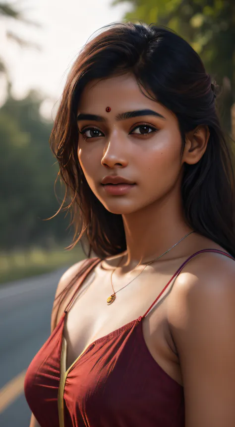 young indian girl, 18-year-old, red top, gentle lighting, intricate facial details, flawless complexion, top-notch 3d rendering,...