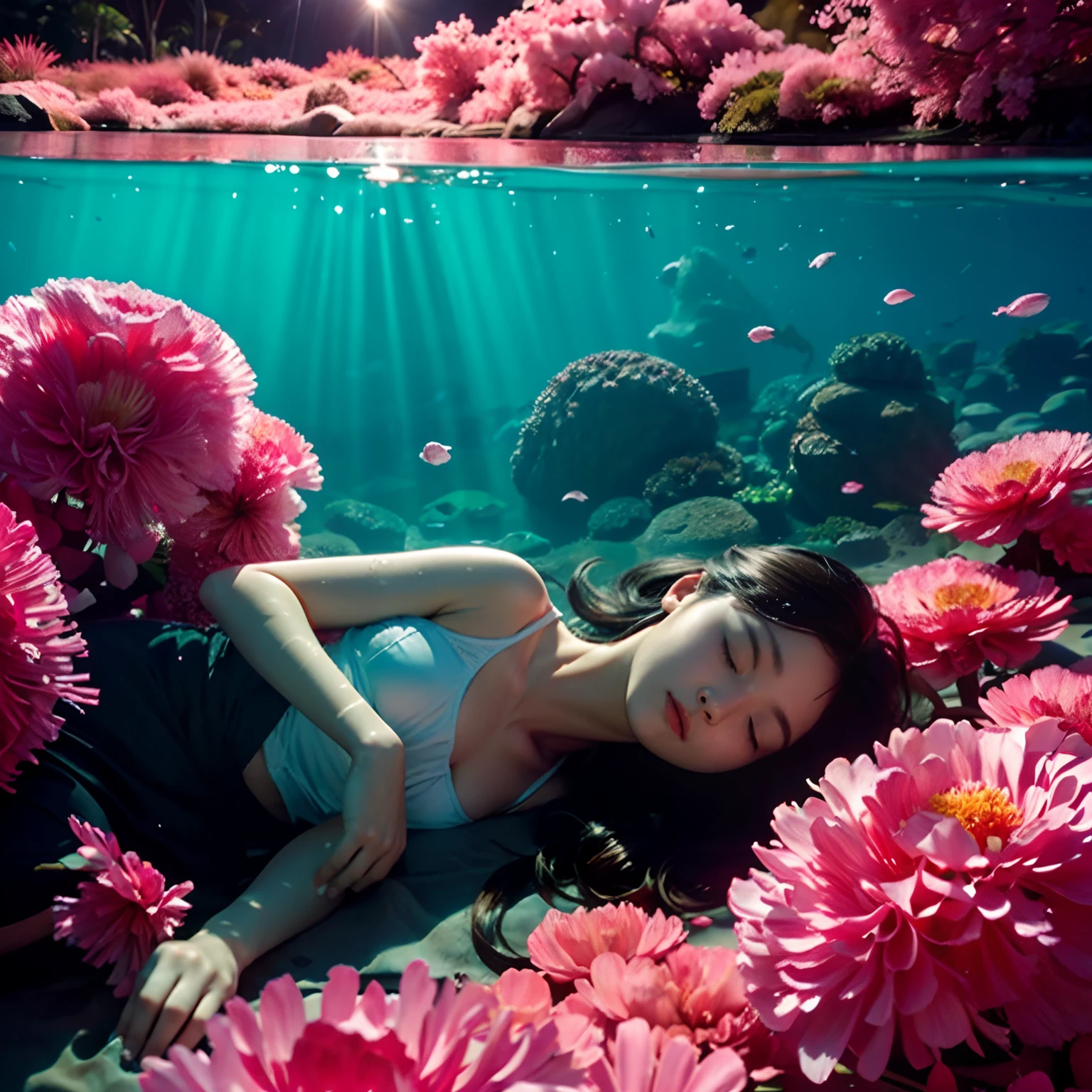 在水下，海底，阳光透过海面照射进来，一名十几岁的女孩，在水中静静地睡着了，女孩被粉色花瓣包围，烟花