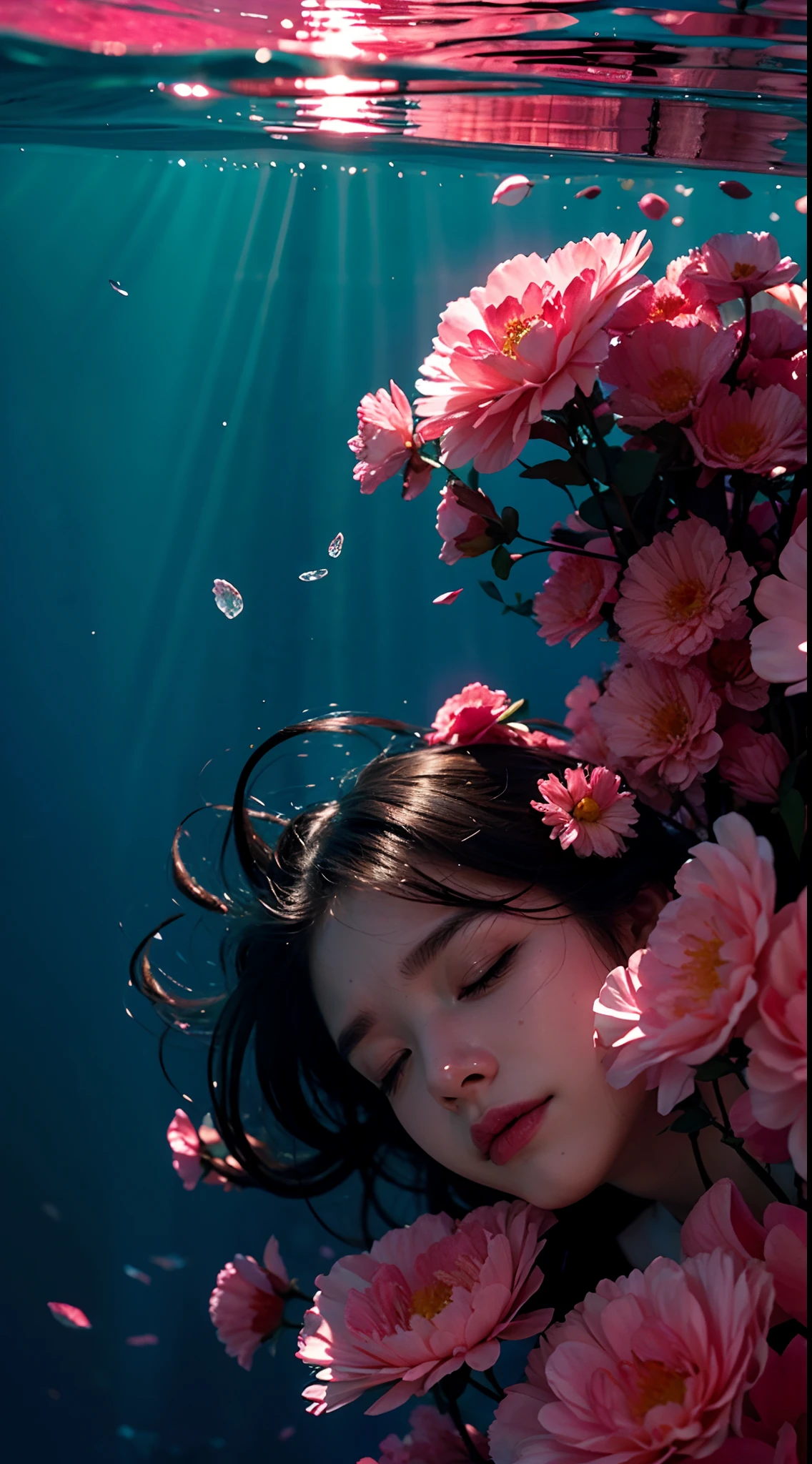 在水下，海底，阳光透过海面照射进来，一名十几岁的女孩，在水中静静地睡着了，女孩被粉色花瓣包围，烟花