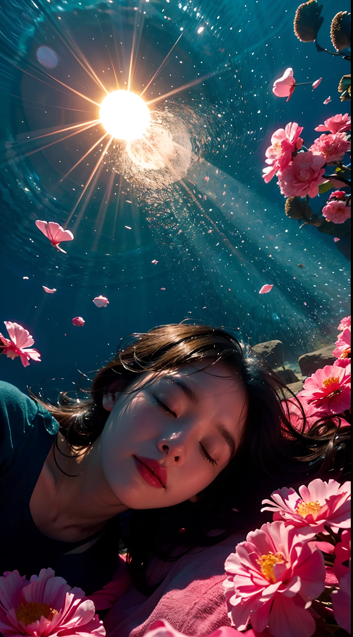 sous l&#39;eau，fond de l&#39;océan，Le soleil brille à travers la mer，une adolescente，Je me suis endormi tranquillement dans l&#39;eau，La fille est entourée de pétales roses，feux d&#39;artifice