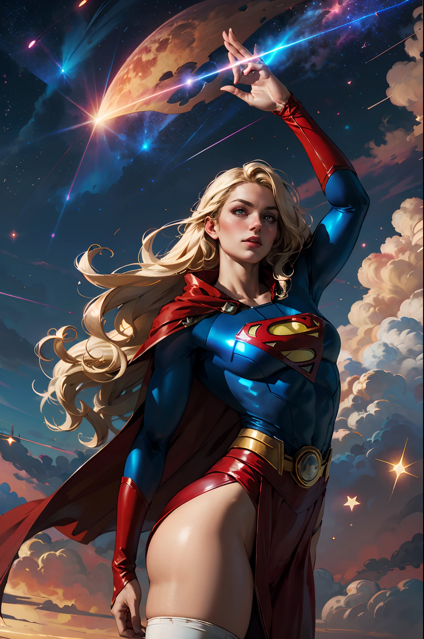 нижистиль, Ковбойский снимок красивой женщины в костюме Супермена, длинные светлые волосы, героический, Светящиеся красные глаза, лазерные глаза, мыс, частица, облака, Скайпорн, красная юбка, красные сапоги, сексуальная поза, большое вымя, ночное небо, Бесчисленные звезды, Поднимите одну руку вверх, летающая поза,