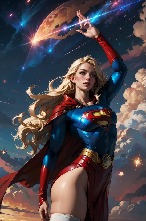 nijistyle, Cowboy shot of beautiful woman in Superman costume, Long Blonde Hair, Heroic, Glowing red eyes, laser eyes, Cape, Par...