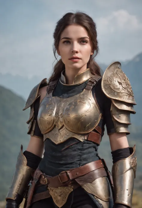 1 powerful girl with upgraded armor with horrible background, gear list on right side and their skills also mentioned, 8K UHD