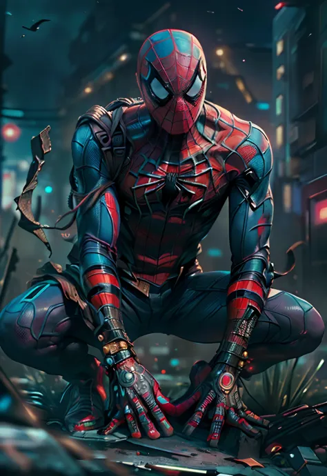 Spiderman as a zombie,(top-quality、8K、32K、​masterpiece、nffsw:1.3)、(The ultra -The high-definition)、(Photorealsitic:1.4)、Raw photography,Perfect eyes,Charming perfect figure,actionpose:1.2,Detailed cyberpunk fashion、World of Cyberpunk,depth of fields,blurry...