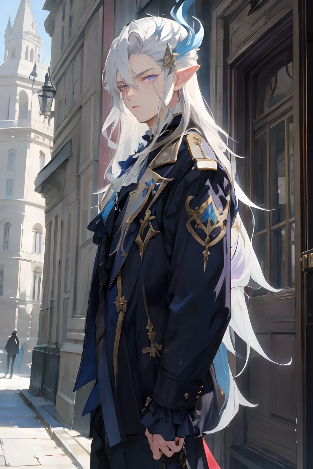 ,Neuvillette, 1boy, adult male, long hair, white hair, blue streaks, purple eyes, black jacket, frills, jewelry, hair ornament, purple eyes, pointy ears,