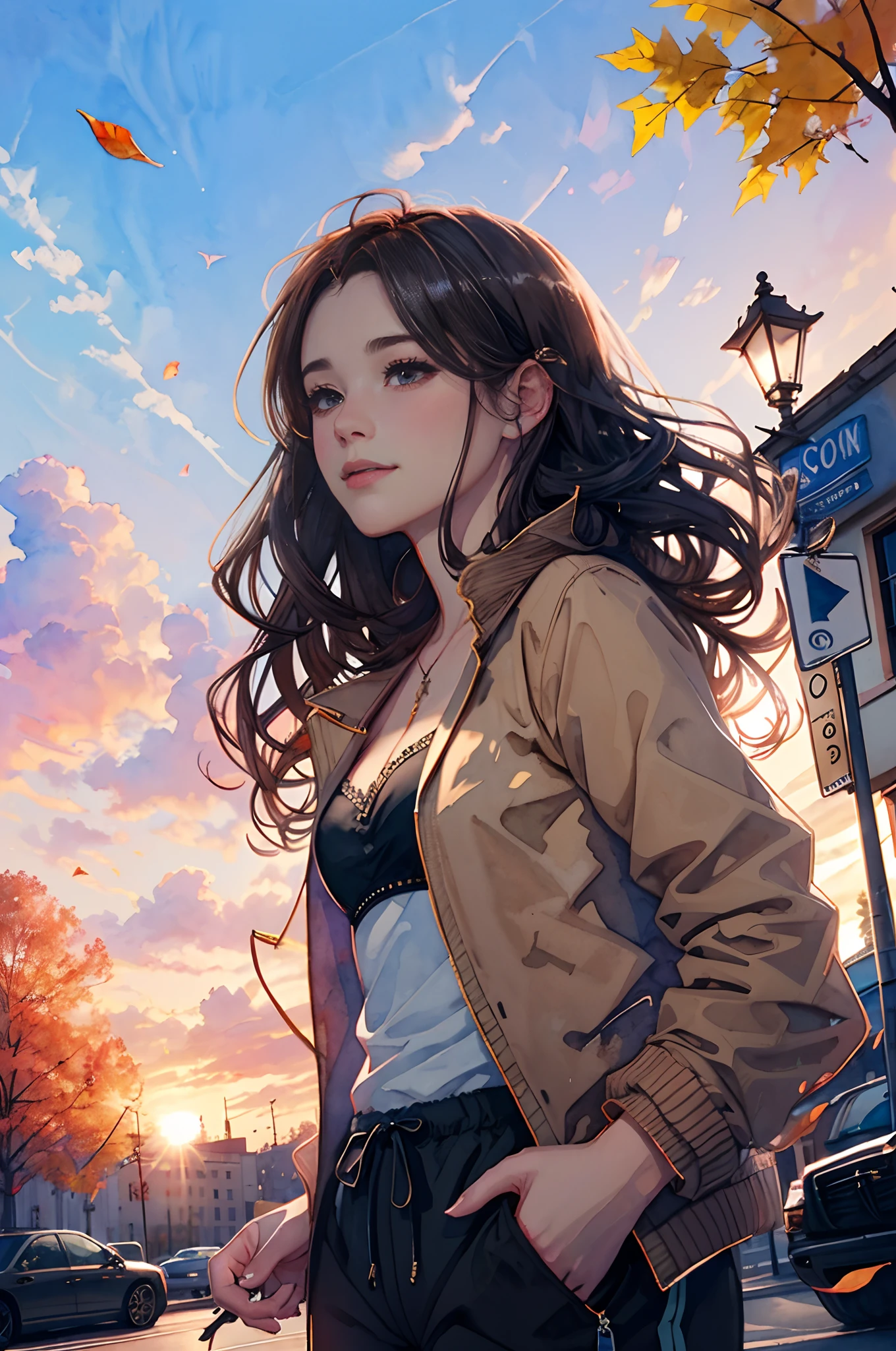 8K, masutepiece, Highest Quality, a closeup , 1 woman at 20 years old,A slight smil, Long wavy hair,City walk in autumn,Street Trees, (Sunset sky),Portrait, watercolor sketch, Falling leaves flutter, watercolor paiting(/Medium/), watercolor paiting, (Blouse without a plain white collar), (Brown jacket:1.3),(Black Palazzo Pants:1.3),watercolor paiting