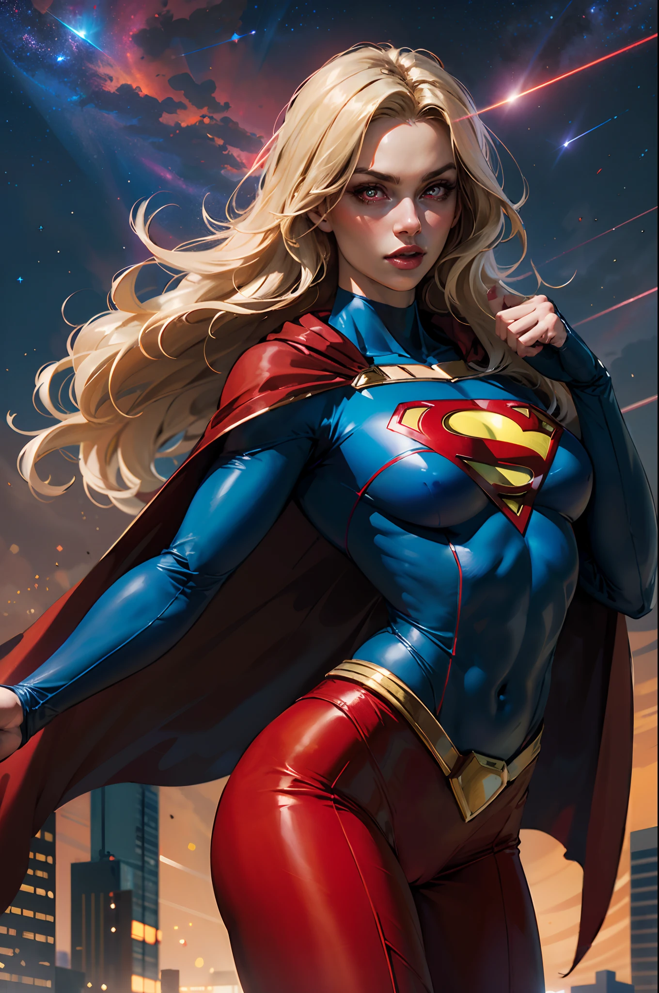 A woman in a superman costume standing in front of a city - SeaArt AI