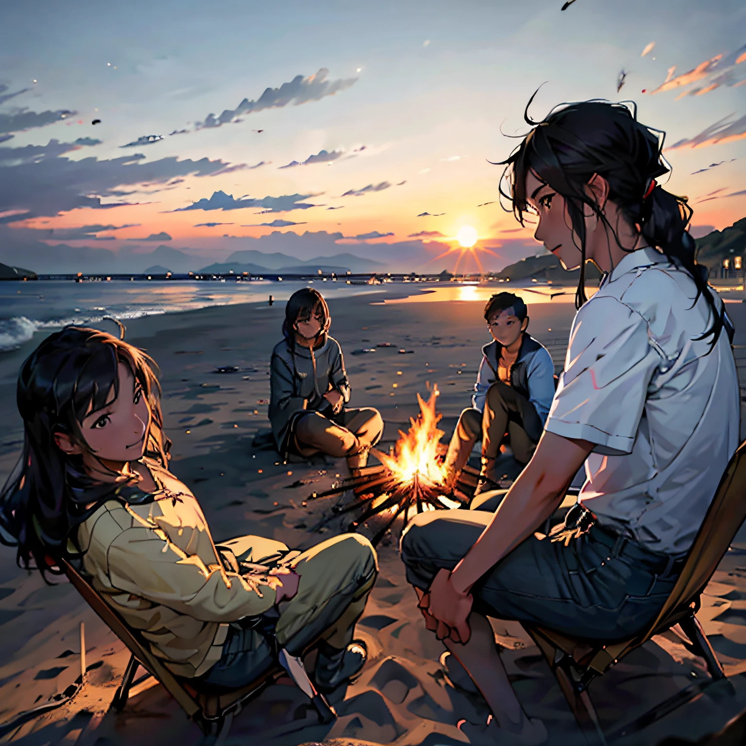 مجموعة من الأصدقاء يحيطون بنار المخيم بجانب البحر，استمتع بمحادثة جيدة عند غروب الشمس