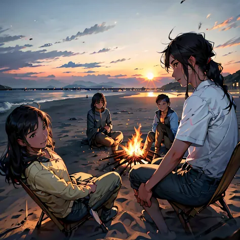 A group of friends surround a campfire by the sea，Have a good conversation in the sunset