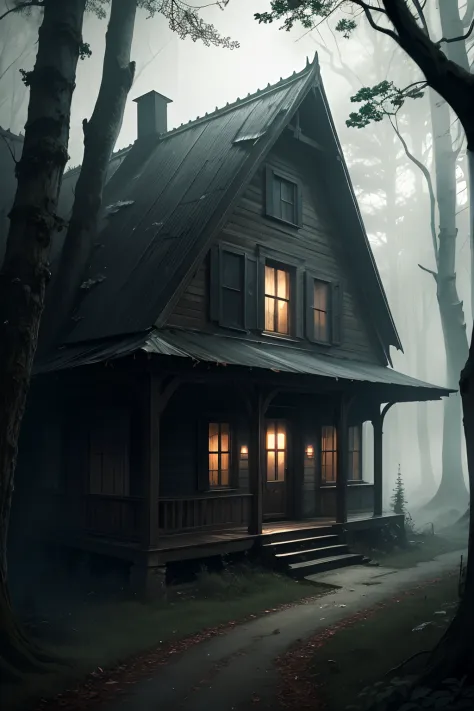 Exterior view of the old house in the forest, Dark and mysterious atmosphere.