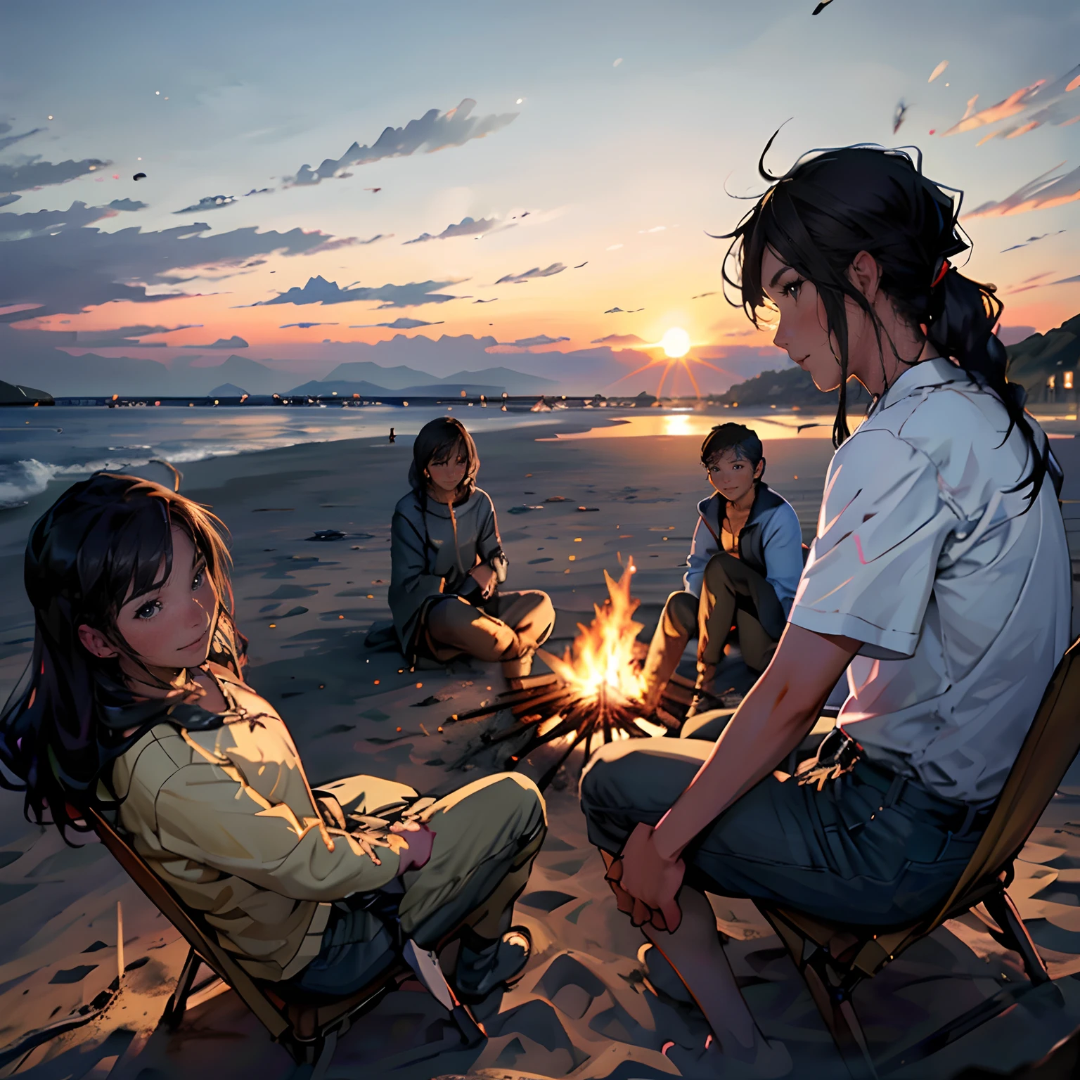 Um grupo de amigos reunidos em torno de uma fogueira à beira-mar，Tenha um bom papo ao pôr do sol