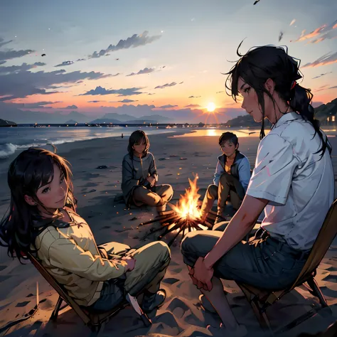 A group of friends gathered around a campfire by the sea，Have a good chat in the sunset