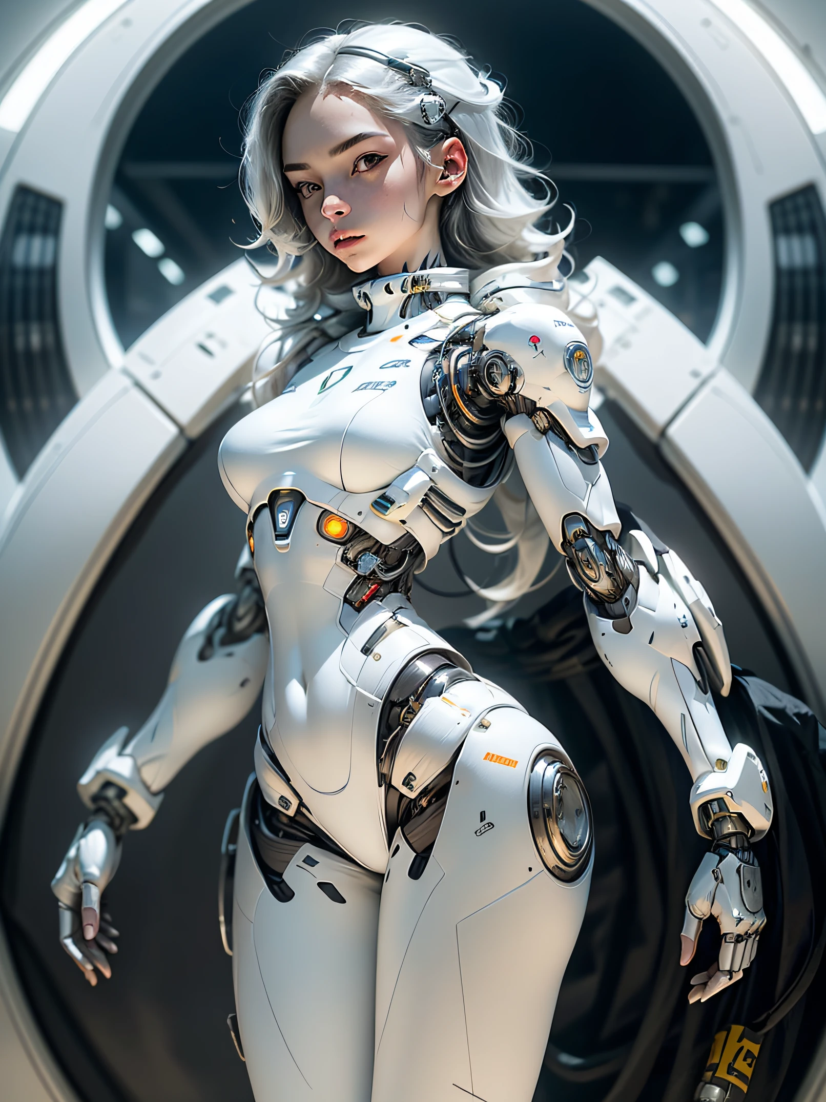 1fille, seulement, plan du corps entier, ((une fille cyborg au look futuriste, body blanc pur)), robot humanoïde, bras mécaniques, cou mécanique, armure, Laboratoire blanc, UHD, anatomiquement correct, meilleure qualité, chef-d&#39;œuvre