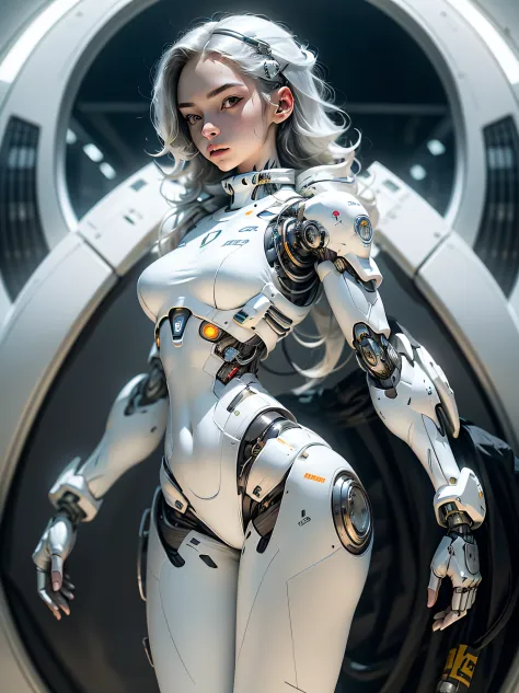 1girl, solo, full body plane, ((a futuristic-looking cyborg girl, pure white bodysuit)), humanoid robot, Mechanical arms, Mechan...