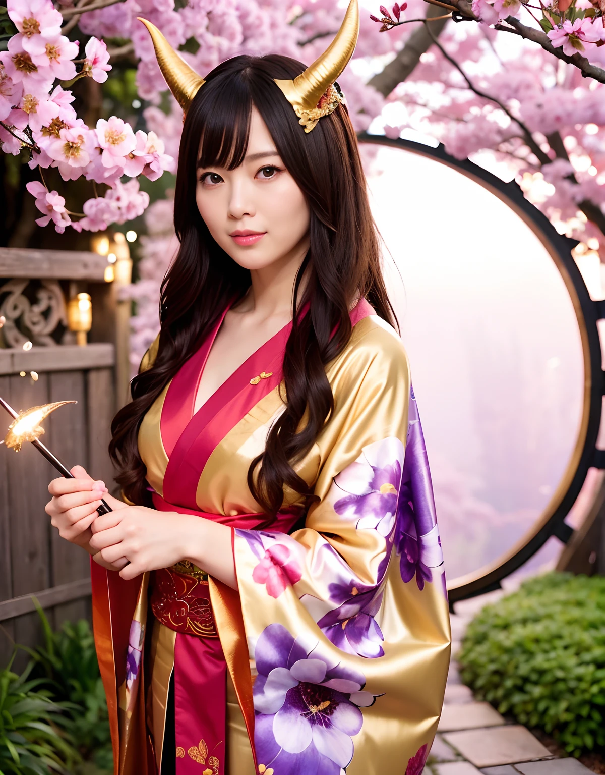 ((World of Darkness)),Professional , ​masterpiece、top-quality、photos realistic , depth of fields 、（sexypose）、(Background of cherry blossoms in full bloom),（Ultimate Beauty）、A dark-haired、（shrine background)、（Kimono with beautiful pattern）、（Night background）、（（Precipitous cliffs））,(Wear a beautiful kimono),（Wear a beautiful kimono with colorful floral patterns）、Jewel Gold Weapon、Particles of light),(Wearing a wizard's hat）、Gorgeous gold weapons ,Castle background、（（ Gorgeous Dragon Sword）） , （a dark night）,,（maikurobikini） 、（（Black Haired Beautiful Girl））、（Castle background）、（demonic wings）、（（Gangle's forest background））、Beautiful Caucasian beauty、１a person、dynamic ungle,(((Two devil's horns on the head)))、Smaller head、Idle Smile、Thin and beautiful female handystical expression、Light Effects、intense fighting、Wind-effect、magic circles、With the legendary magic wand、Dragon's tail、