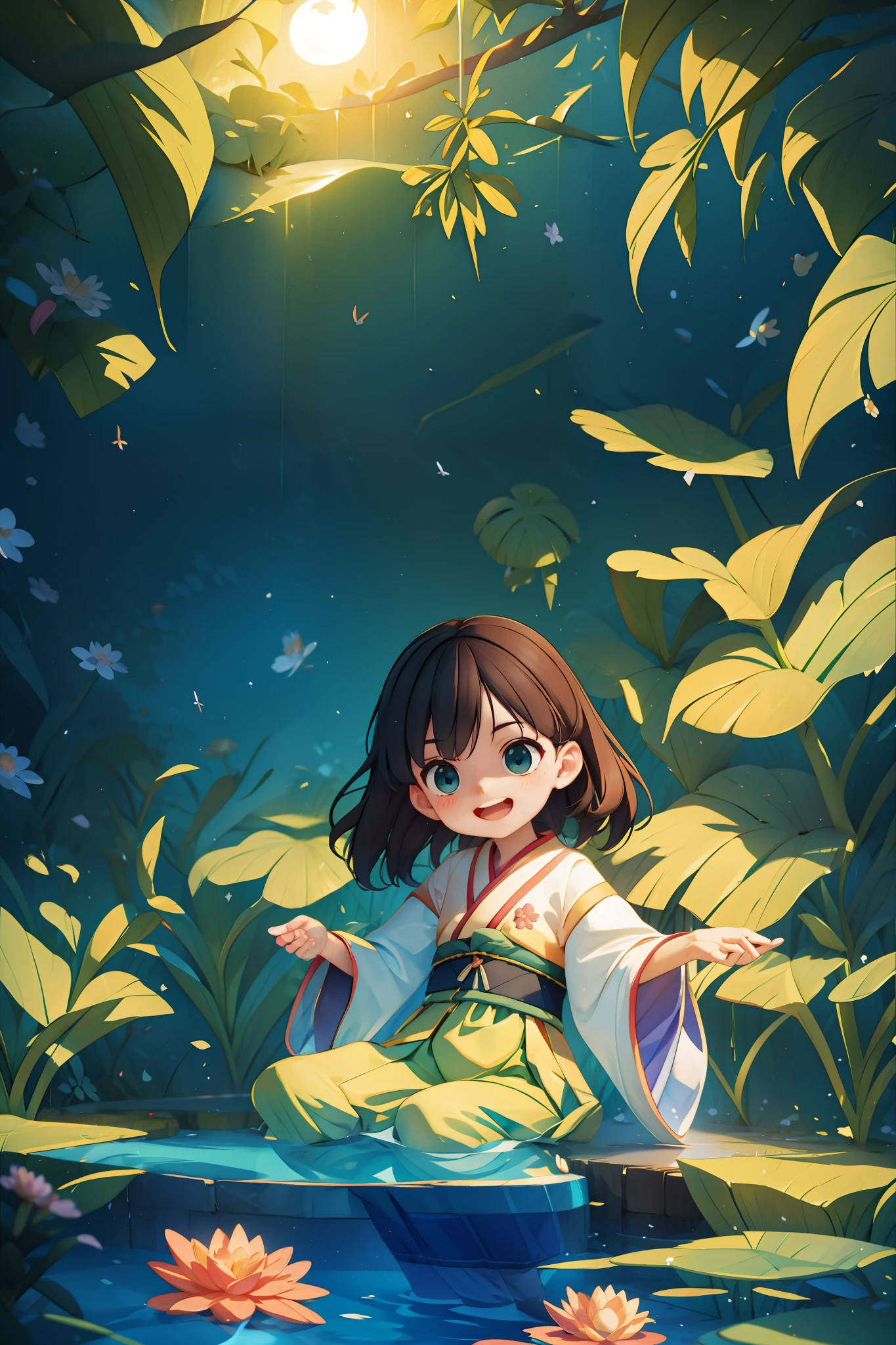 （best qualtiy，tmasterpiece，Hyper-realistic），1 beautiful and delicate portrait of a girl，Playful and cute，Pink Hanfu, Moon,Chao yang, sonoko, Bamboo, water lily, hot onsen, vapour, (illustration: 1.0), Epic composition, Realistic lighting, HD details, Masterpiece, Best quality, (Very detailed CG unity 8k