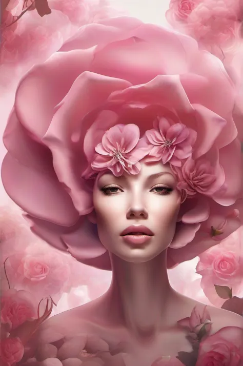 There is a pink flower sitting on the stem, a digital rendering by Anna Füssli, Tumblr, Art Nouveau, magnolia goliath head ornaments, cervix awakening, huge rose flower face, Smooth pink skin, alien flowers, covered in pink flesh, giant rose flower head, f...