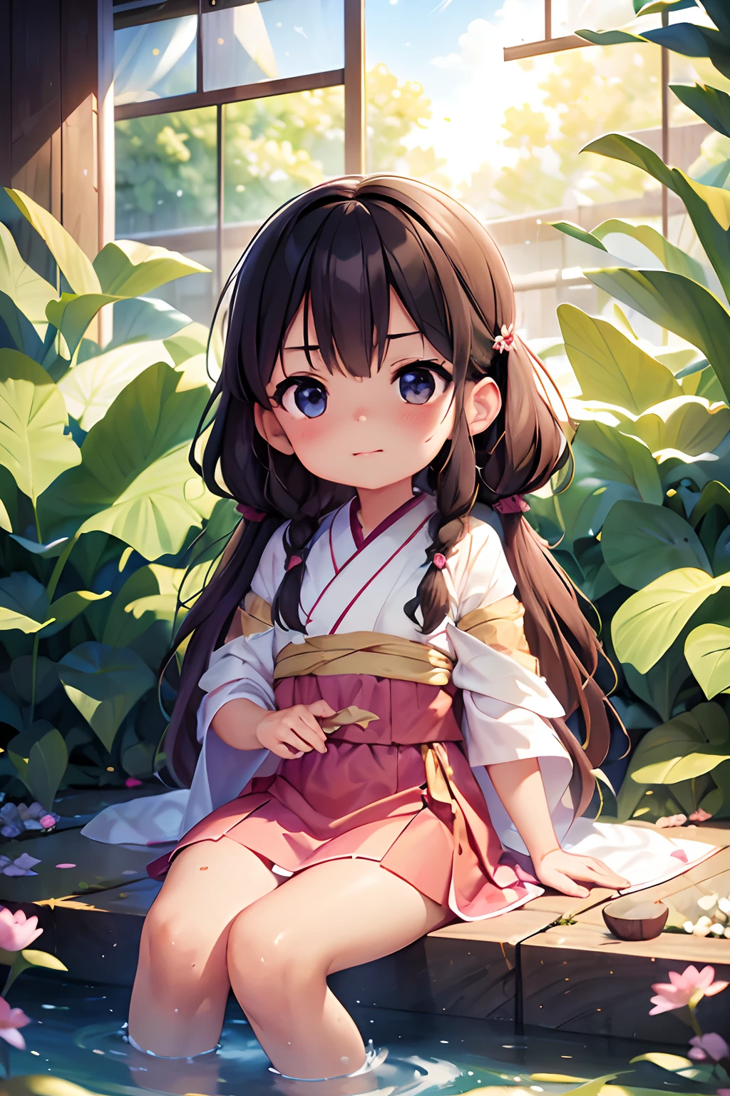 best qualtiy，tmasterpiece，Hyper-realistic），1 beautiful and delicate portrait of a girl，Playful and cute，Pink Hanfu, Moon,Chao yang, sonoko, Bamboo, water lily, hot onsen, vapour, (illustration: 1.0), Epic composition, Realistic lighting, HD details, Masterpiece, Best quality, (Very detailed CG unity 8k
