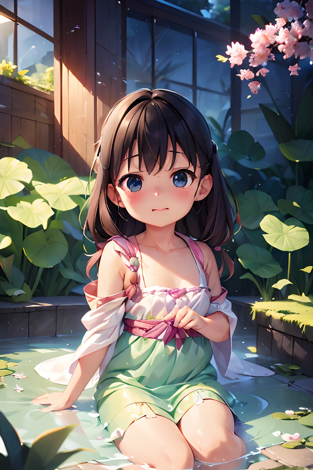 best qualtiy，tmasterpiece，Hyper-realistic），1 beautiful and delicate portrait of a girl，Playful and cute，Pink Hanfu, Moon,Chao yang, sonoko, Bamboo, water lily, hot onsen, vapour, (illustration: 1.0), Epic composition, Realistic lighting, HD details, Masterpiece, Best quality, (Very detailed CG unity 8k