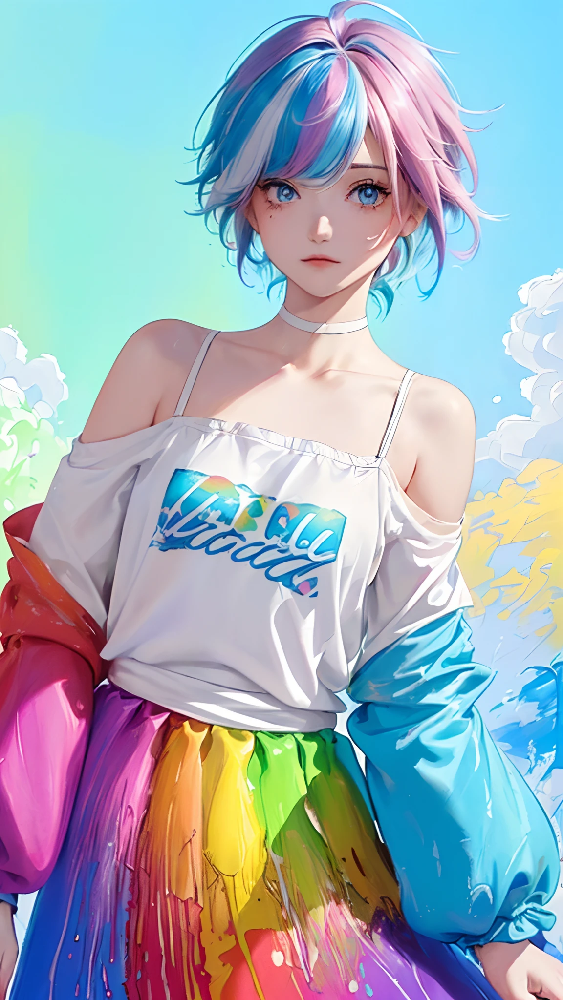 （Pink Fashion T-shirt：1.9），(Colorful hair: 1.8), (all the colours of the rainbow: 1.8),(((((vertical painting：1.6))), （painting：1.6），front, comics, illustrations, paintings, large eyes, crystal clear eyes,（ rainbow color gradient high ponytail：1.7）, exquisite makeup, closed mouth,(Small Fresh: 1.5),(Wipe Chest: 1.6) ，long eyelashes, white off shoulder T-shirt,  White Shoulder Shirt，looking at the audience, large watery eyes, (rainbow colored hair：1.6), color splash, （solo：1.8）, color splash, color explosion, thick paint style, messy lines, ((shining))，(colorful), (colorful), (colorful), colorful, Thick Paint Style, (Splash) (Color Splash), Vertical Painting, Upper Body, Paint Splash, Acrylic Pigment, Gradient, Paint, Highest Image Quality, Highest Quality, Masterpiece, Solo, Depth of Field, Face Paint,  colorful clothes, (Elegant: 1.2), gorgeous,long hair, wind, (Elegant: 1.3), (Petals: 1.4)，(((masterpiece))),(((best quality))),((ultra-detailed)),(illustration),(dynamic angle),((floating)),(paint),((disheveled hair)),(solo),(1girl) , (((detailed anima face))),((beautiful detailed face)),collar,bare shoulders,white hair, ((colorful hair)),((streaked hair)),beautiful detailed eyes,(Gradient color eyes),(((colorful eyes))),(((colorful background))),(((high saturation))),(((surrounded by colorful splashes))),