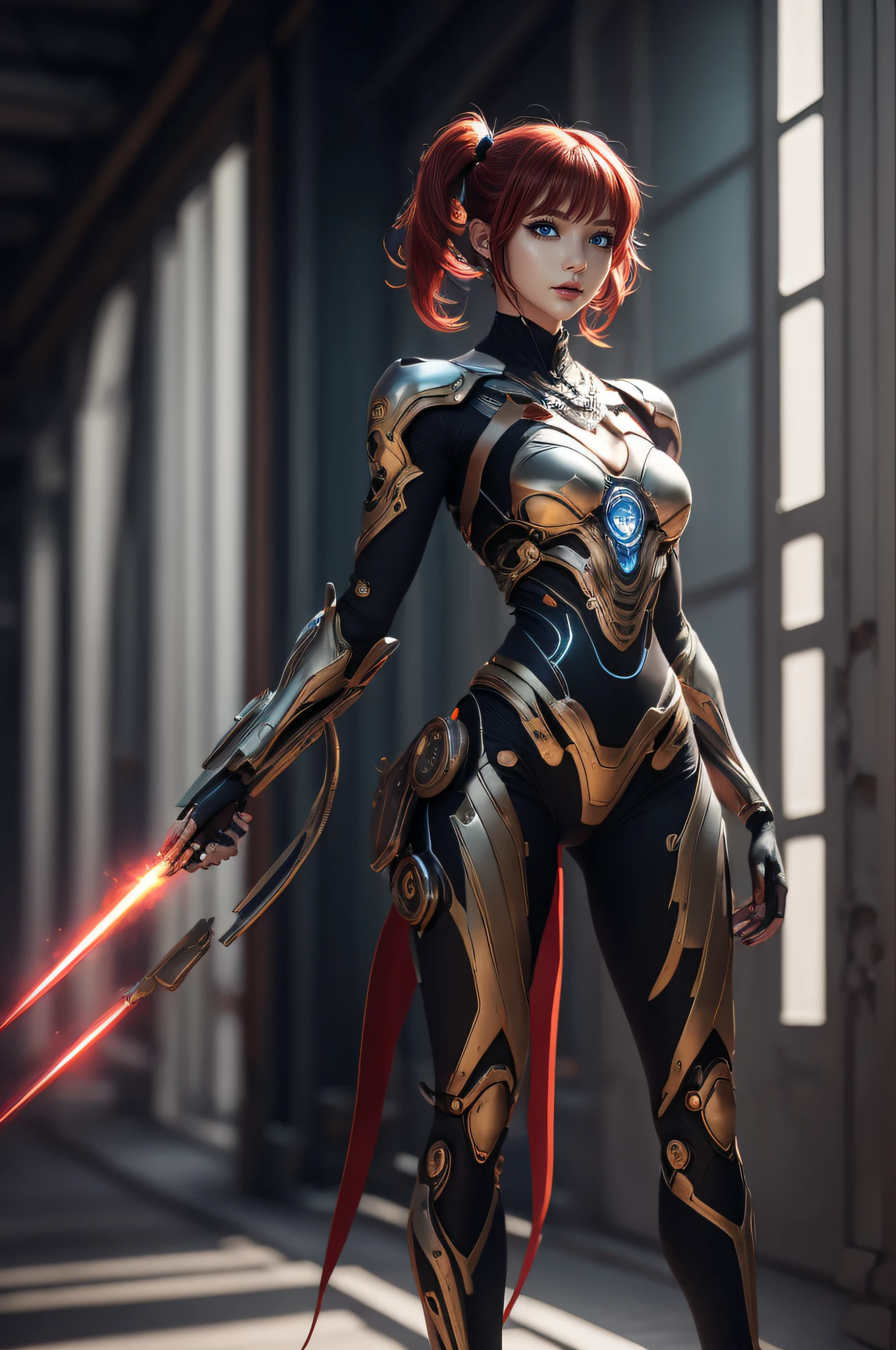 (((full body shot))), ((Top Quality, 16k, Masterpiece: 1.3)), photorealistic, extremely detailed CG unity 8k wallpaper, Depth of field, Cinematic Light, photorealistic, 3D, UHD, intense lighting, lens flare, woman in a futuristic outfit posing for a picture, cute cyborg girl, beutiful girl cyborg, beutiful white girl cyborg, cyborg girl, beautiful cyborg girl, perfect anime cyborg woman, beautiful digital artwork, perfect android girl, cyborg - girl, young lady cyborg, girl in mecha cyber armor, beautiful female android!, ((red glass)), (cutouts and slits throughout the outfit, eye-catching, tempting), (extremely beautiful face), (beautiful eyes), (face with intricate details ), twintails asymmetrical short ((red hair)), (large breasts: 1.8), perfect proportions, cyberpanek sky city 2344 in the background, cinema quality, Fujicolor, cinema lighting,  perfect proportions, background, cinema quality + 36.5 mm f0, low horizon, multilayer texture with fine details