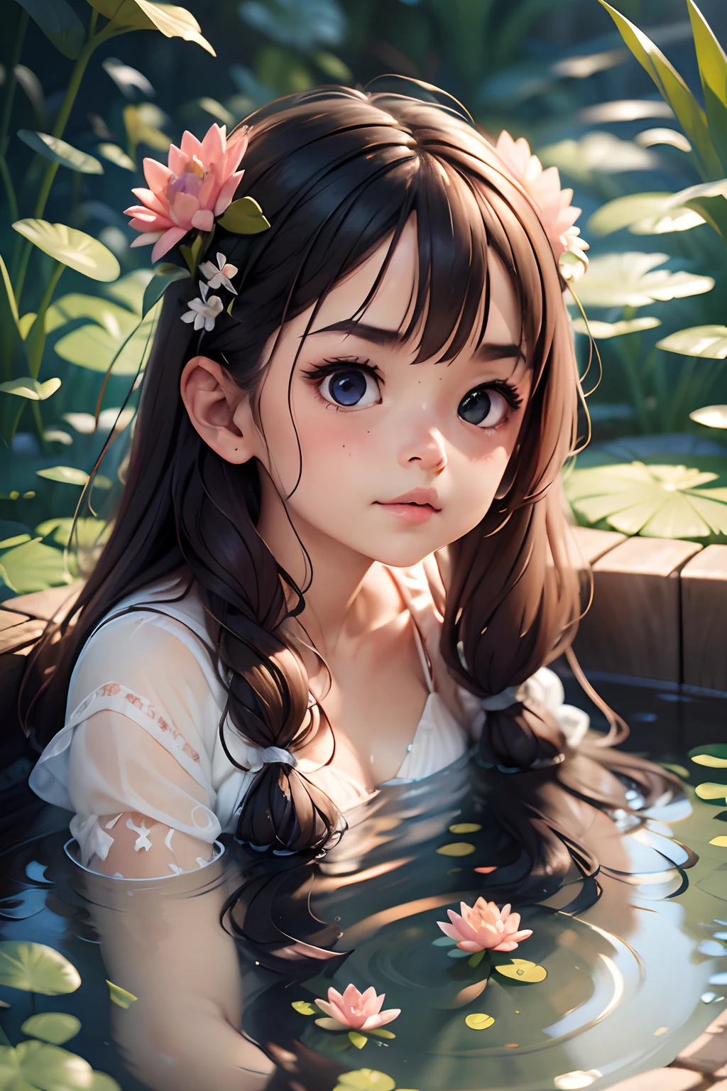 （best qualtiy，tmasterpiece，Hyper-realistic），1 beautiful and delicate portrait of a girl，Playful and cute，Pink Hanfu, Moon,Chao yang, sonoko, Bamboo, water lily, hot onsen, vapour, (illustration: 1.0), Epic composition, Realistic lighting, HD details, Masterpiece, Best quality, (Very detailed CG unity 8k